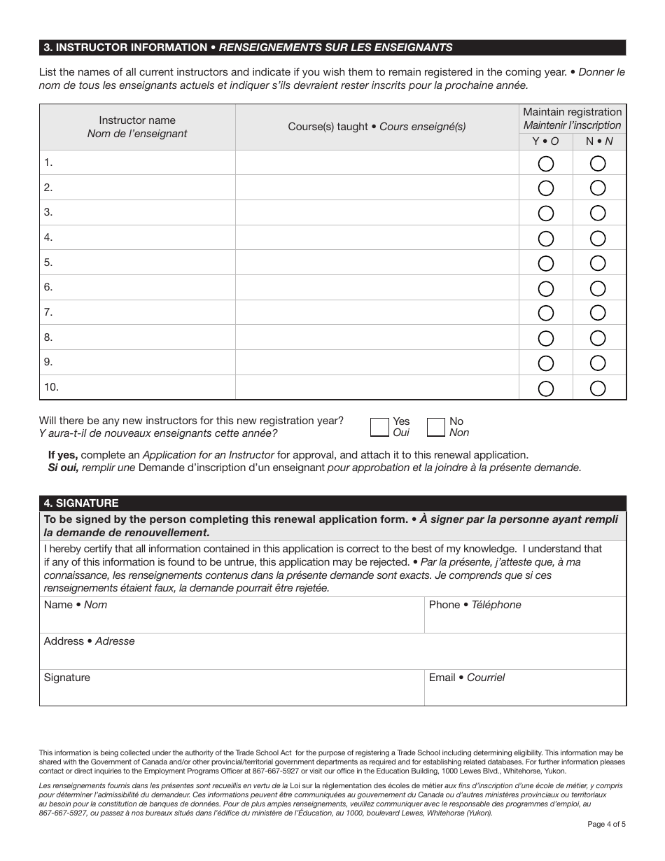 Form YG6625 Application for Renewal of Trade School Registration - Yukon, Canada (English / French), Page 4