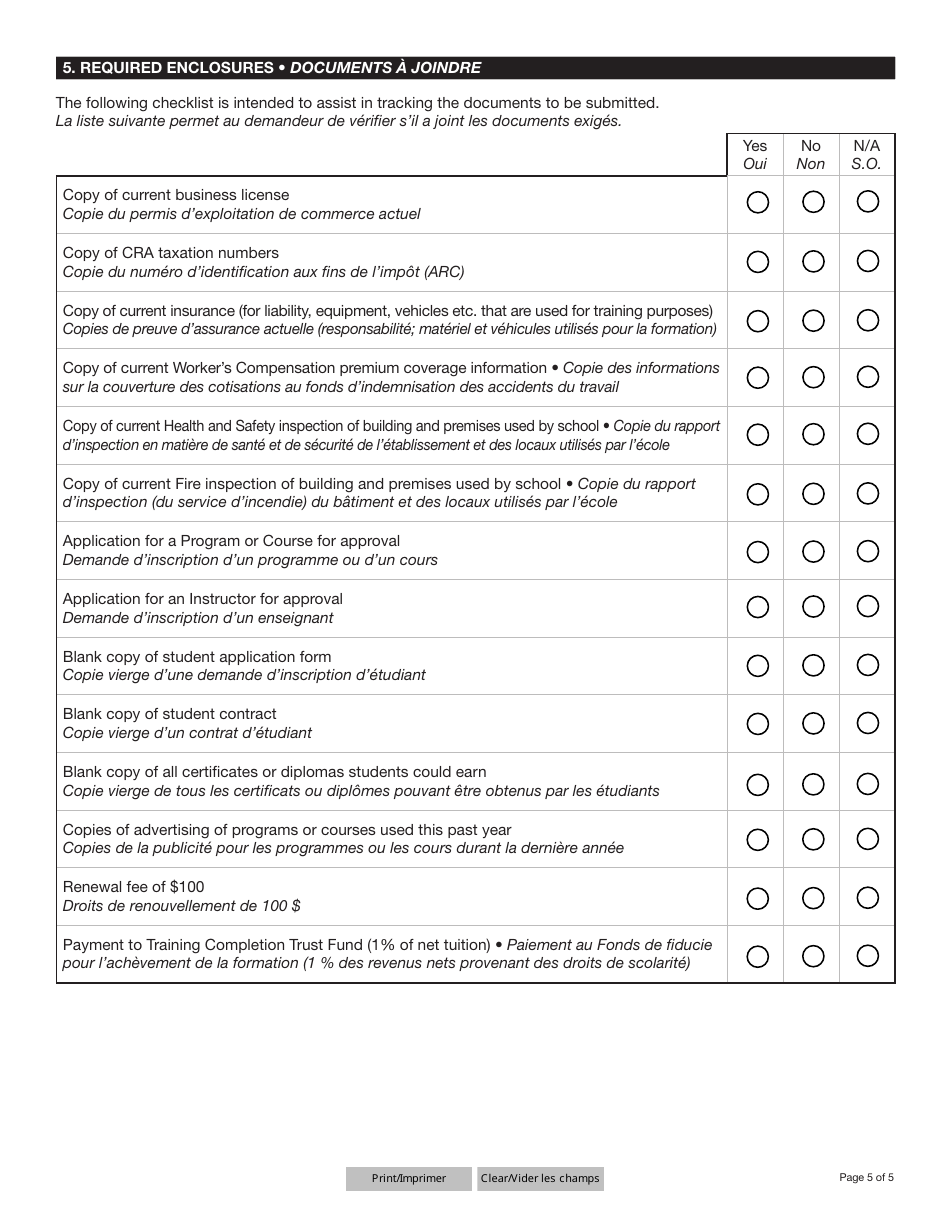 Form YG6625 Application for Renewal of Trade School Registration - Yukon, Canada (English / French), Page 5