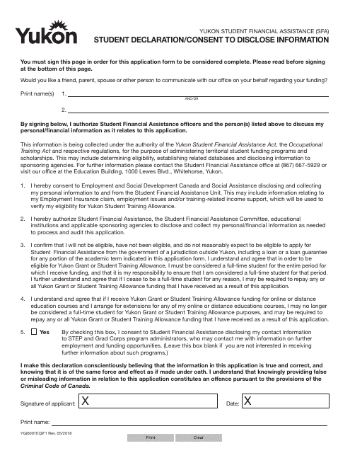 Form YG6001 Student Declaration/Consent to Disclose Information - Yukon, Canada