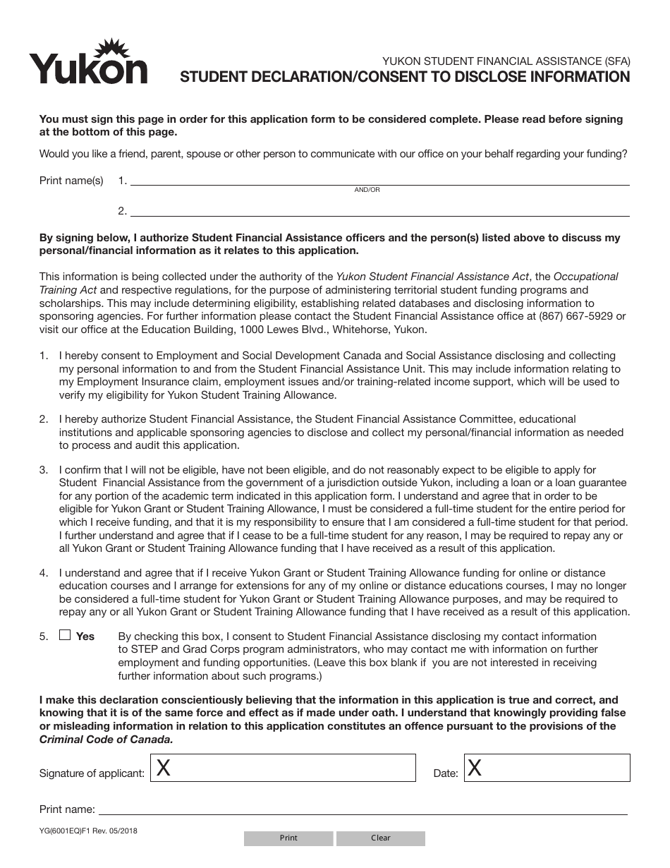 Form YG6001 Student Declaration / Consent to Disclose Information - Yukon, Canada, Page 1