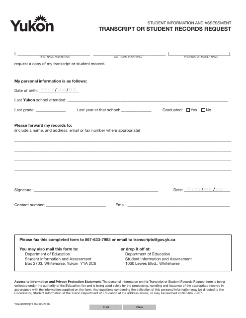 Form YG4903 Transcript or Student Records Request - Yukon, Canada