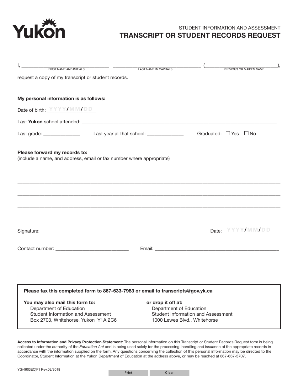 Form YG4903 Transcript or Student Records Request - Yukon, Canada, Page 1