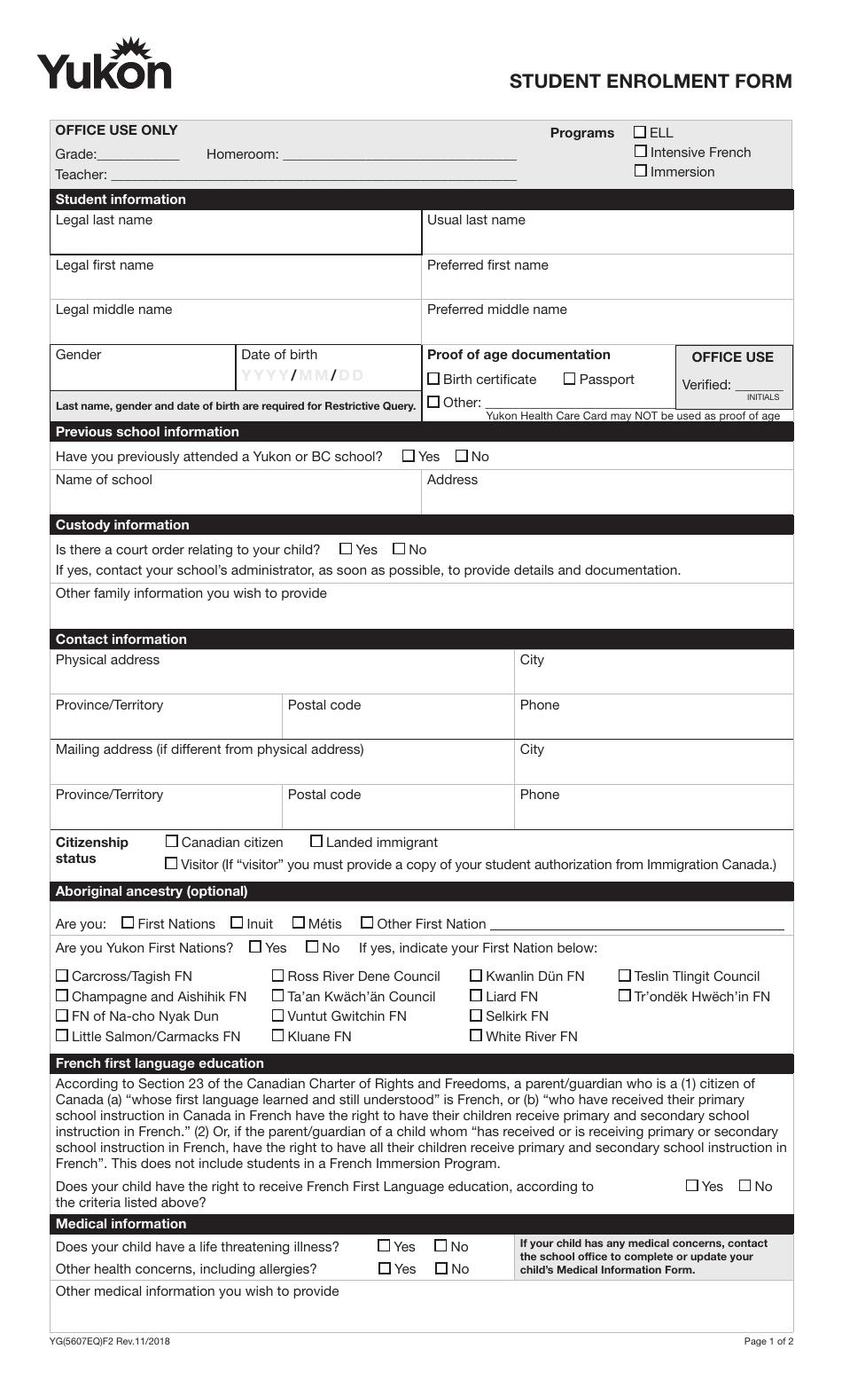 Form YG5607 Student Enrolment Form - Yukon, Canada, Page 1