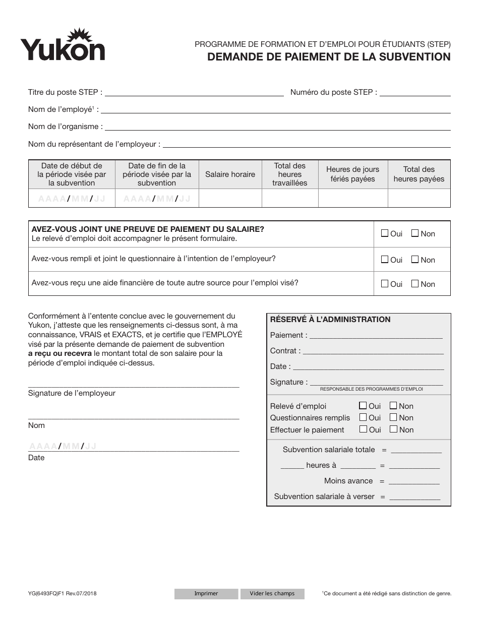 Forme YG6493 Student Training and Employment Program (Step) Claim Form - Yukon, Canada (French), Page 1