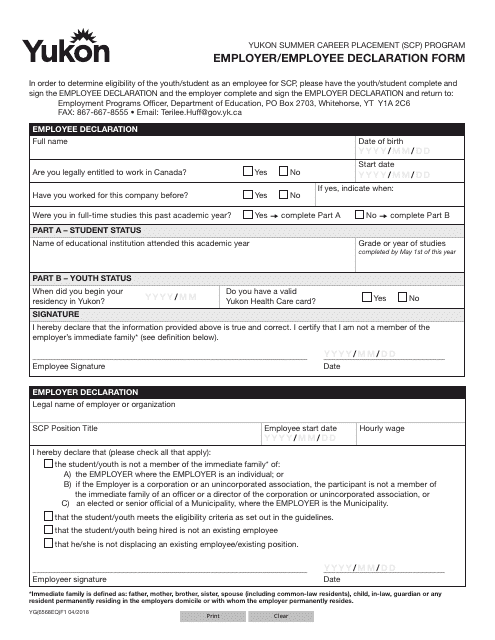 Form YG6568 Yukon Summer Career Placement (Scp) Program Employer/Employee Declaration Form - Yukon, Canada