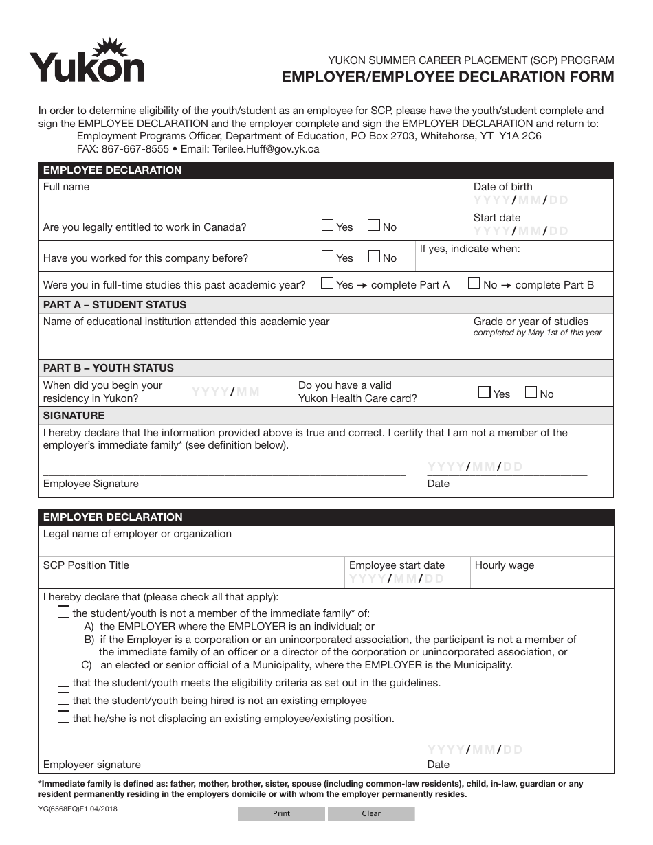 Form YG6568 Yukon Summer Career Placement (Scp) Program Employer / Employee Declaration Form - Yukon, Canada, Page 1