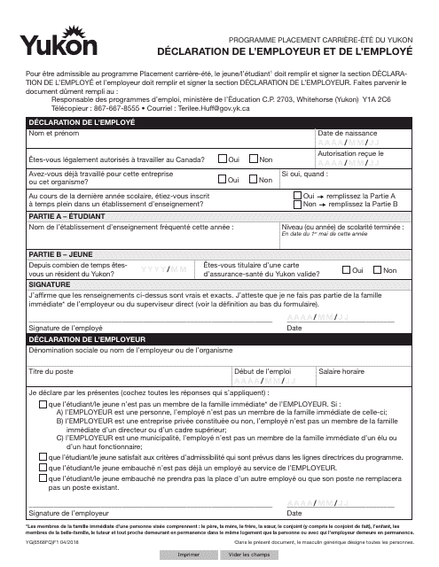 Forme YG6568 Declaration De L'employeur Et De L'employe - Yukon, Canada (French)