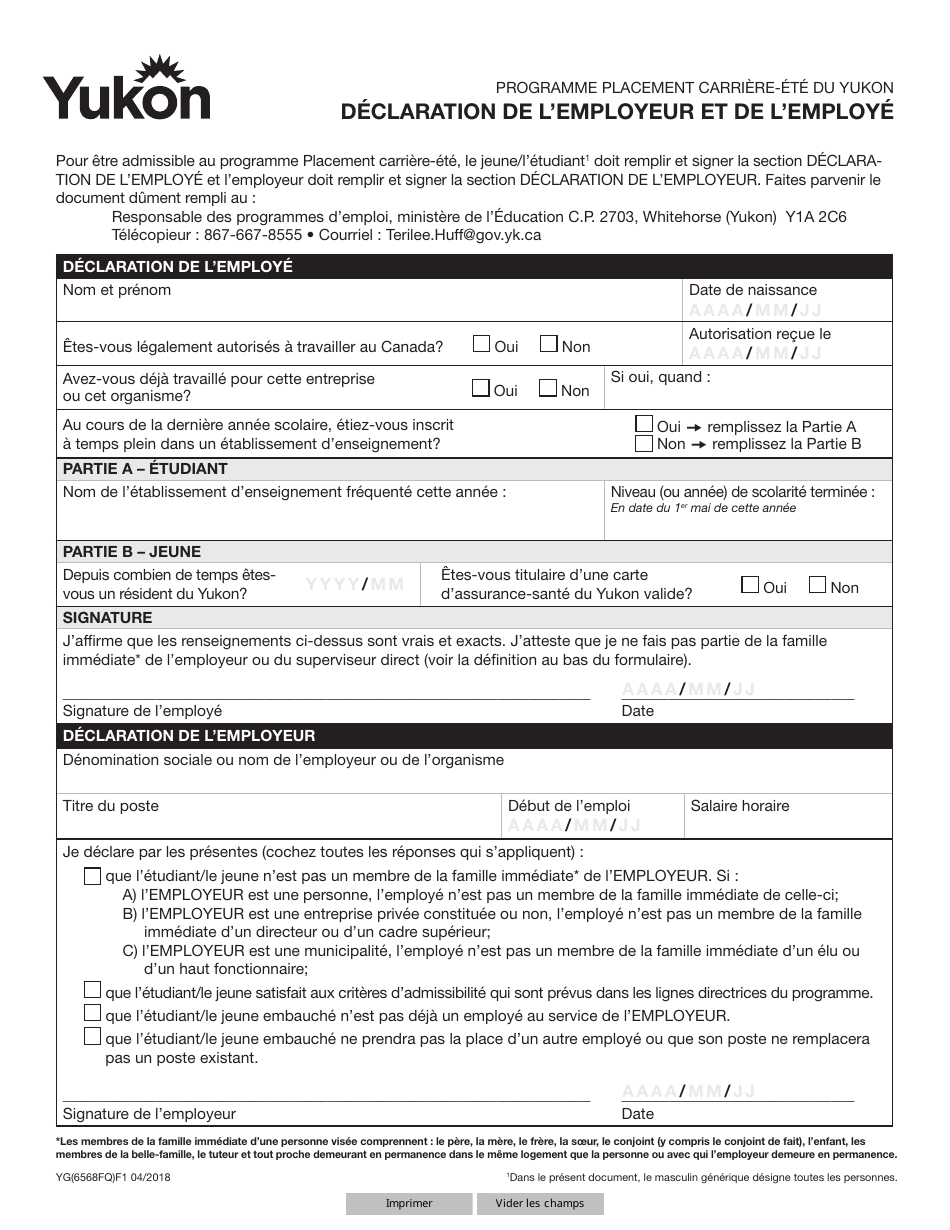 Forme YG6568 Declaration De Lemployeur Et De Lemploye - Yukon, Canada (French), Page 1