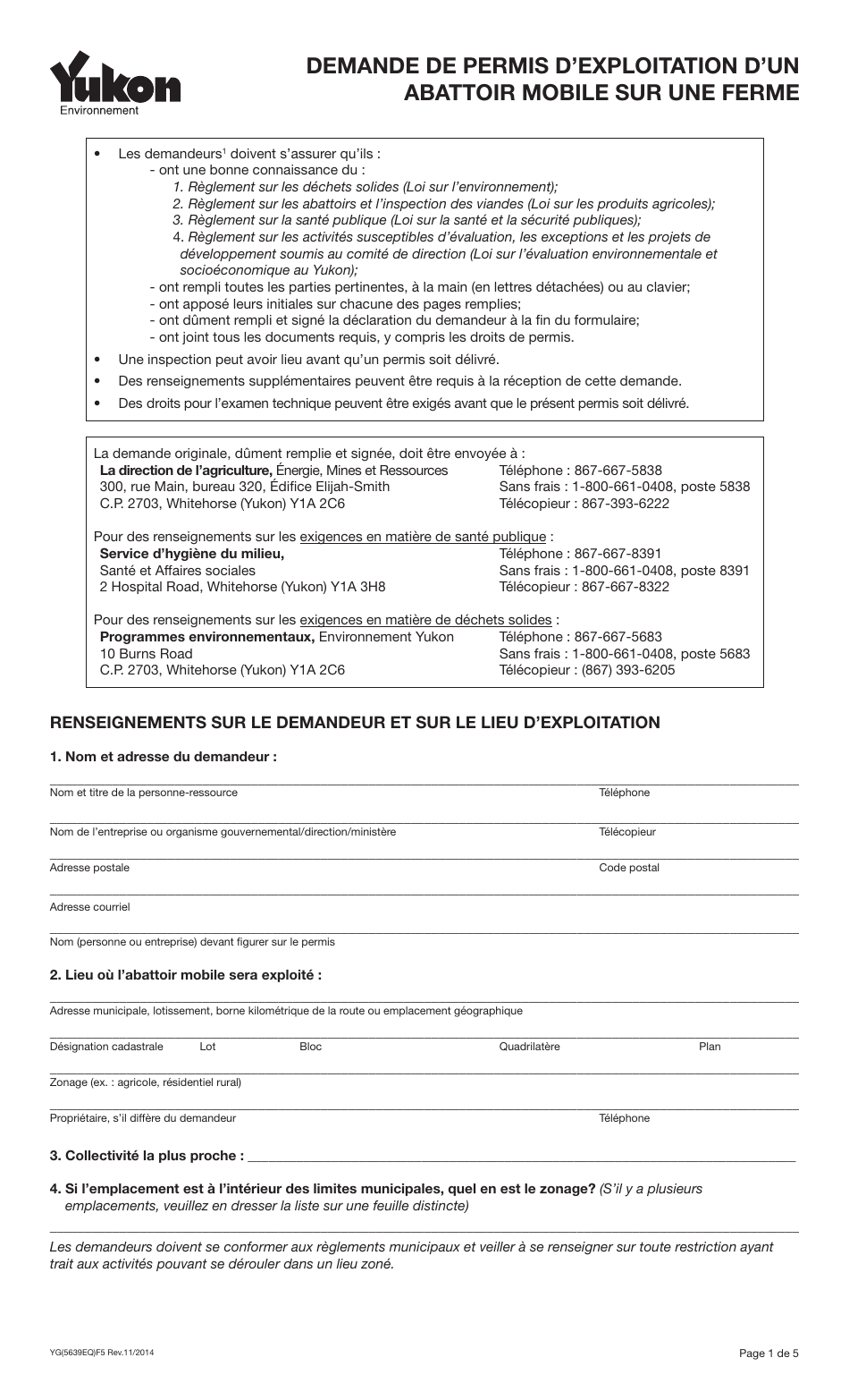 Forme YG5639 Demande De Permis Dexploitation Dun Abattoir Mobile Sur Une Ferme - Yukon, Canada (French), Page 1