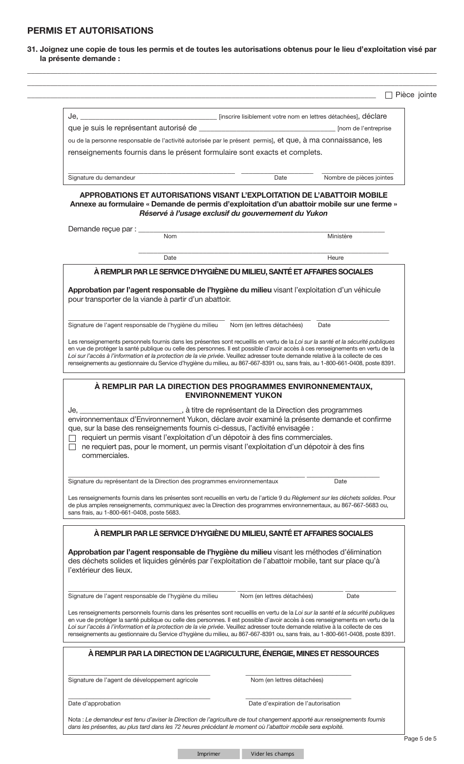 Forme YG5639 Demande De Permis Dexploitation Dun Abattoir Mobile Sur Une Ferme - Yukon, Canada (French), Page 5