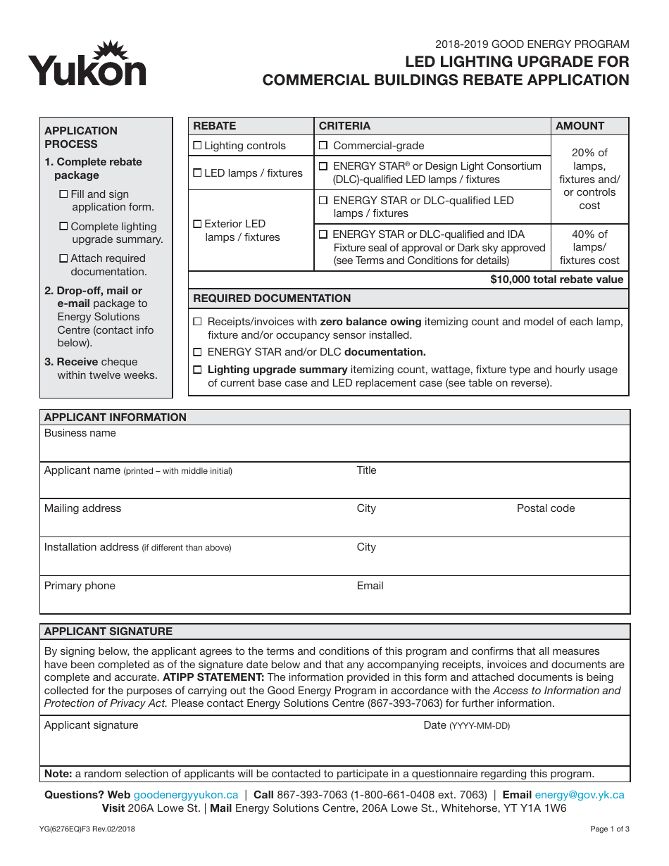 Form YG6276 Led Lighting Upgrade for Commercial Buildings Rebate Application - Yukon, Canada, Page 1