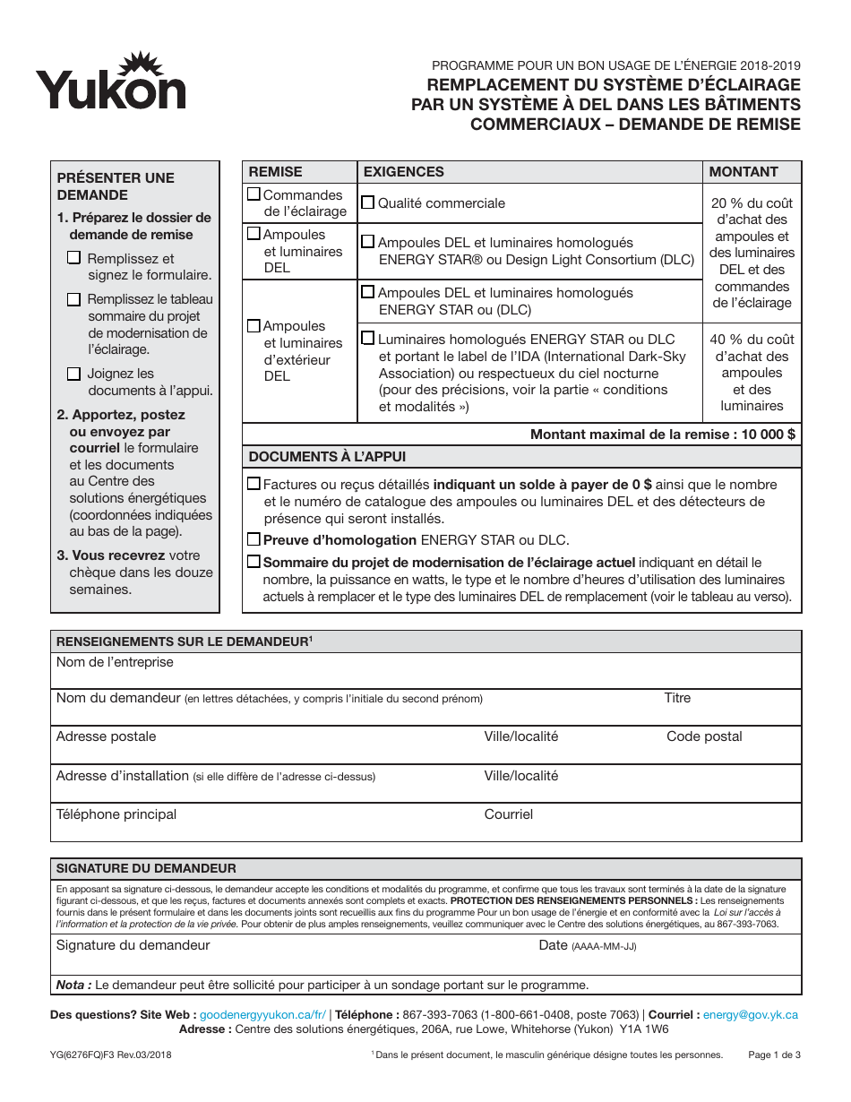 Forme YG6276 Remplacement Du Systeme Declairage Par Un Systeme a Del Dans Les Batiments Commerciaux - Demande De Remise - Yukon, Canada (French), Page 1
