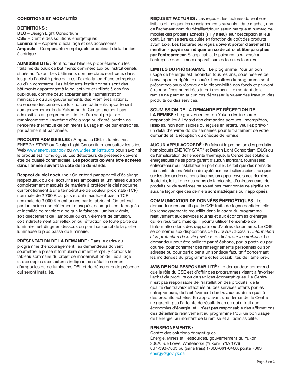 Forme YG6276 Remplacement Du Systeme Declairage Par Un Systeme a Del Dans Les Batiments Commerciaux - Demande De Remise - Yukon, Canada (French), Page 3