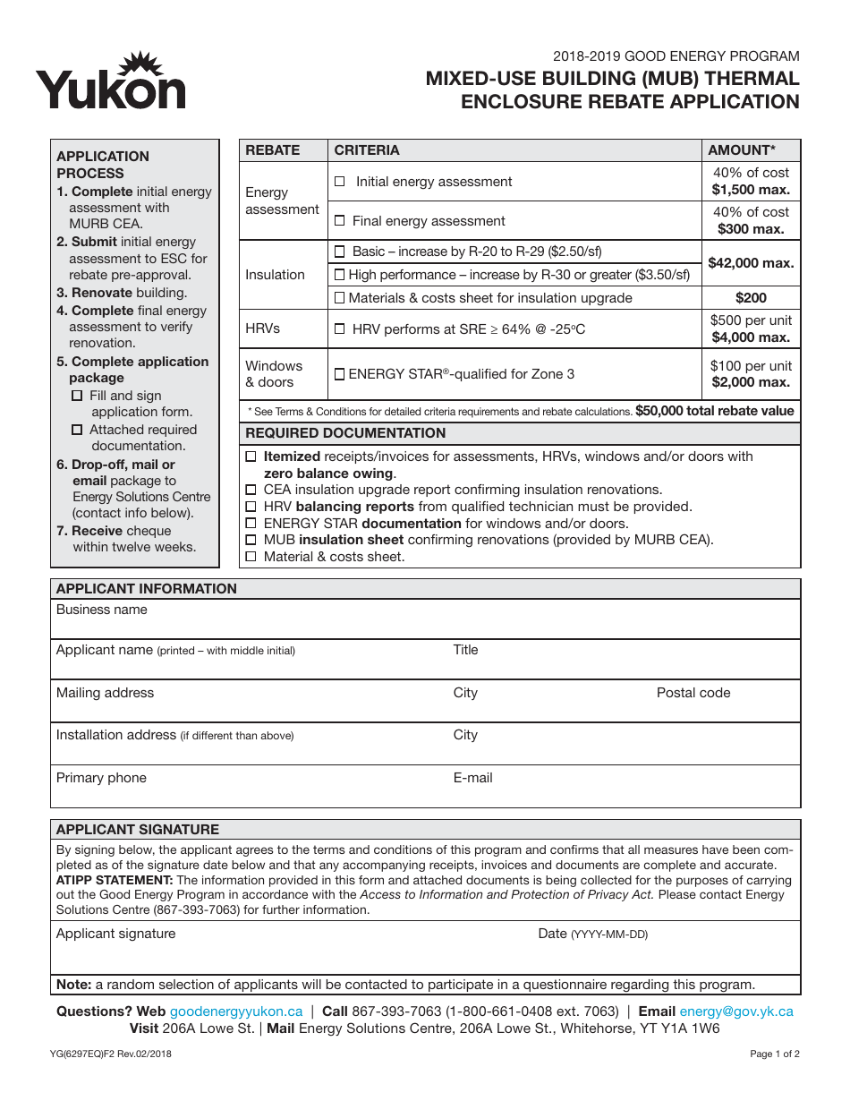 Form YG6297 Mixed-Use Building (Mub) Thermal Enclosure Rebate Application - Yukon, Canada, Page 1