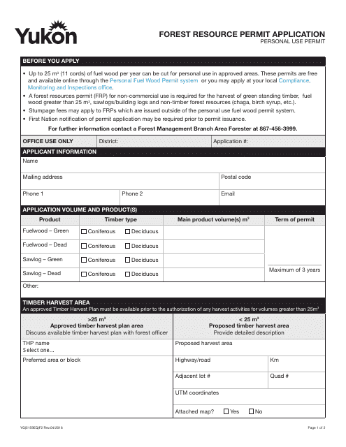 Form YG5159 Forest Resource Permit Application - Yukon, Canada