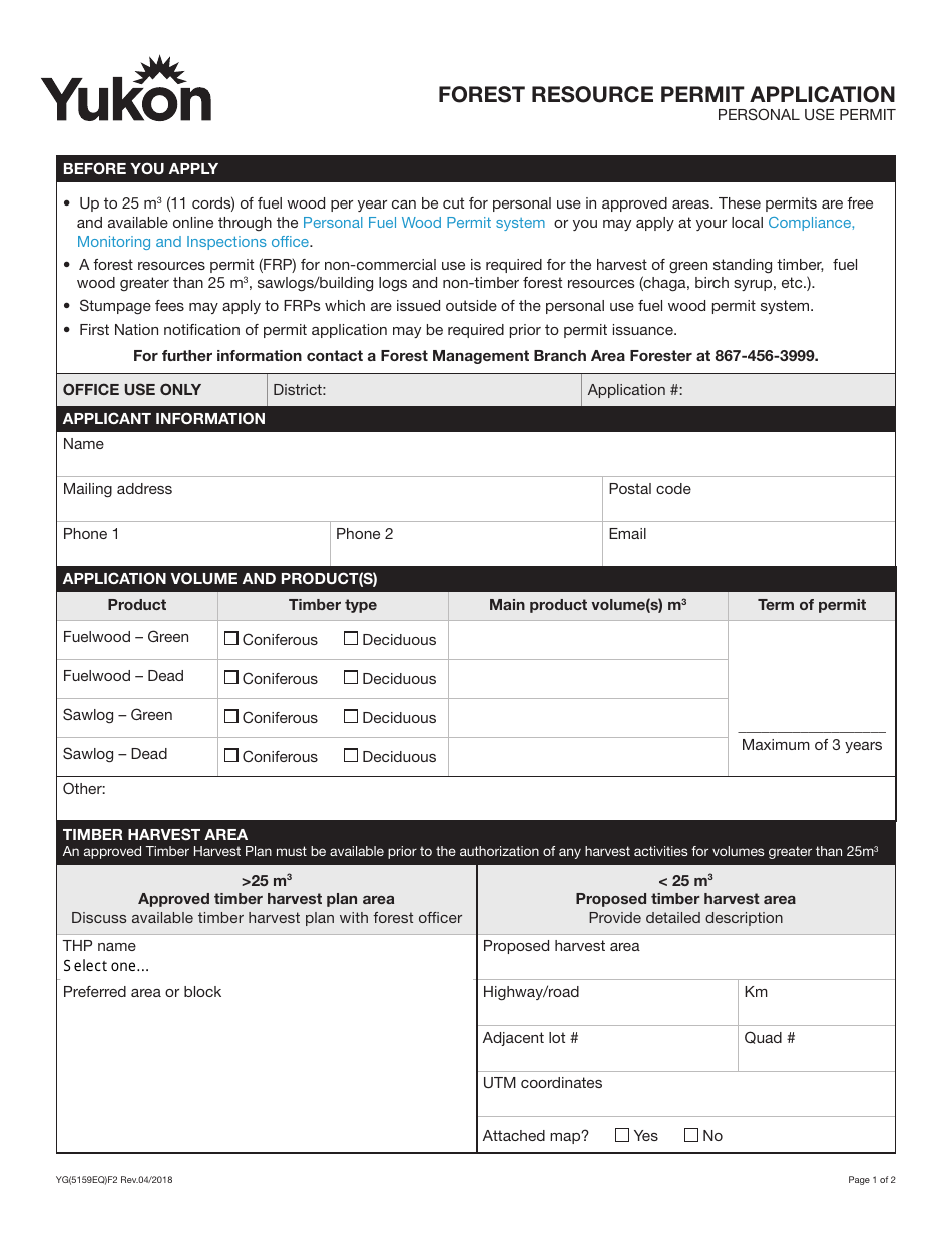 Form YG5159 Forest Resource Permit Application - Yukon, Canada, Page 1