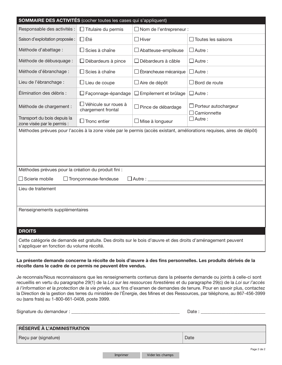 Forme YG5159 Exploitation DES Ressources Forestieres a DES Fins Personnelles Demande De Permis - Yukon, Canada (French), Page 2