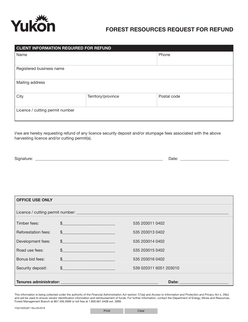 Form YG5162 Forest Resources Request for Refund - Yukon, Canada, Page 1