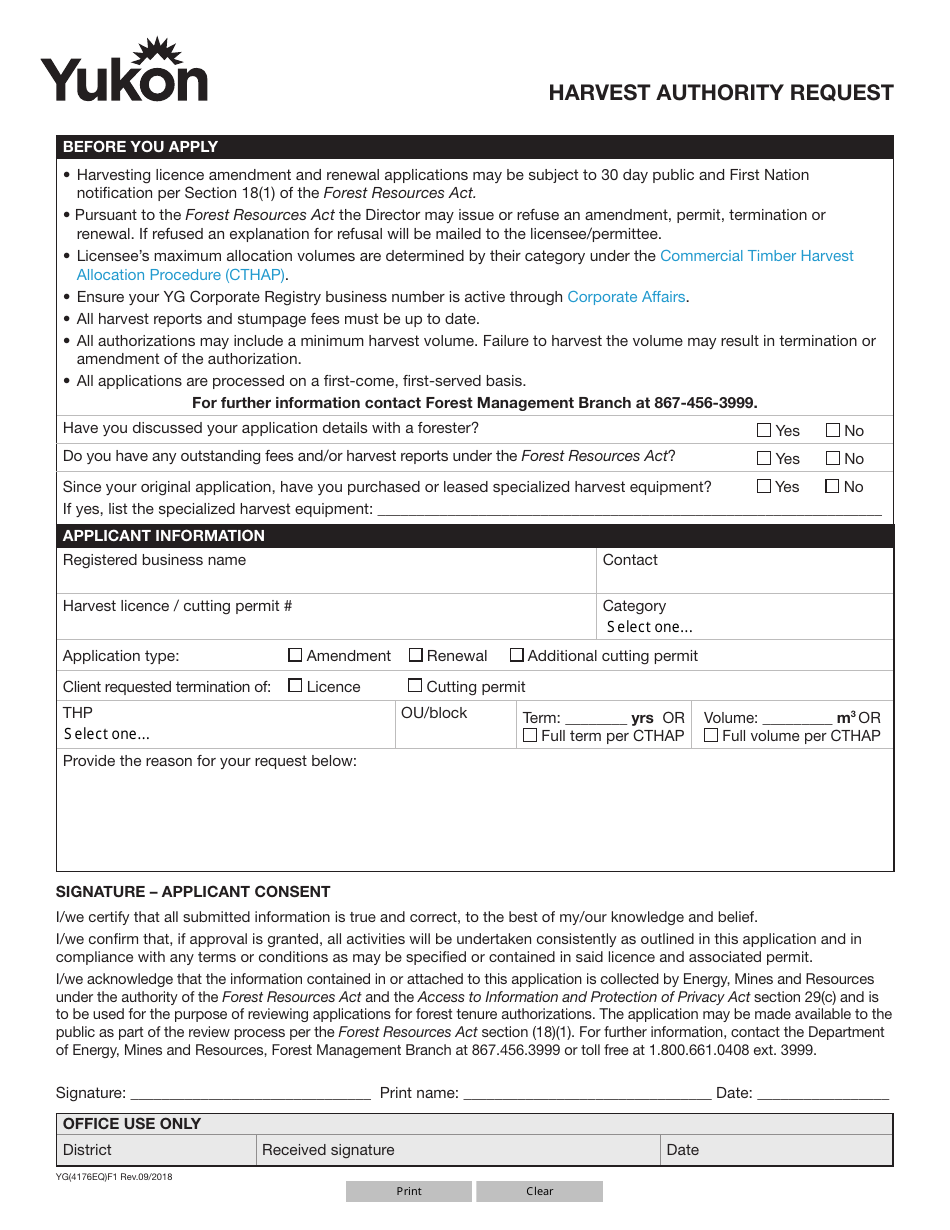 Form YG4176 Harvest Authority Request - Yukon, Canada, Page 1