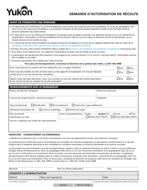 Forme YG4176 Demande D'autorisation De Recolte - Yukon, Canada (French)