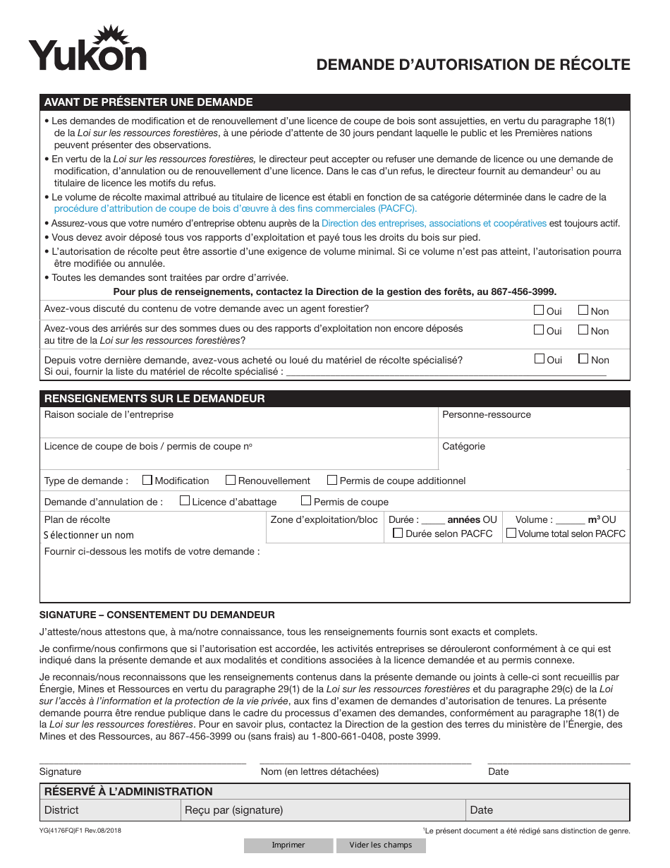 Forme YG4176 Demande Dautorisation De Recolte - Yukon, Canada (French), Page 1