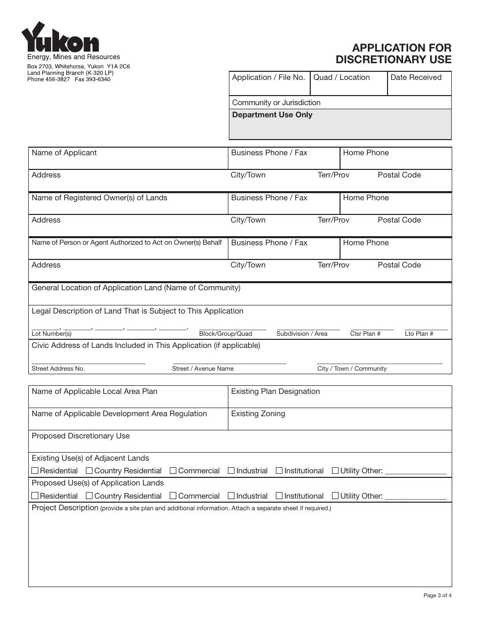 Form YG6438 Application for Discretionary Use Permit - Yukon, Canada, Page 3