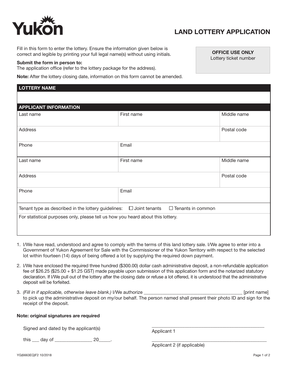 Form YG6663 Land Lottery Application - Yukon, Canada, Page 1