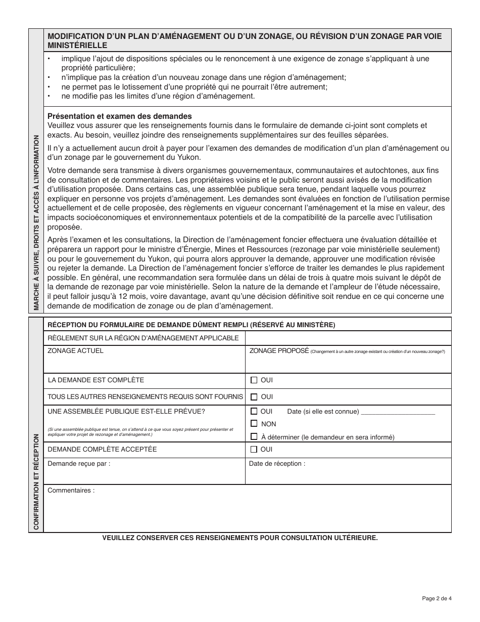 Forme YG5371 Demande De Modification Dutilisation DES Terres - Plan Damenagement Local Ou Reglement Sur Une Region Damenagement - Yukon, Canada (French), Page 2