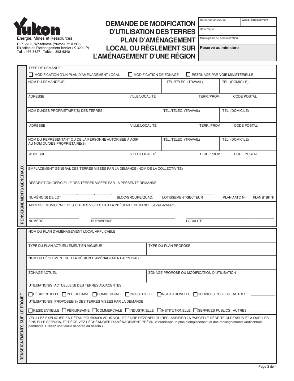 Forme YG5371 Demande De Modification Dutilisation DES Terres - Plan Damenagement Local Ou Reglement Sur Une Region Damenagement - Yukon, Canada (French), Page 3