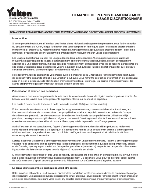 Forme YG6438 Demande De Permis D'amenagement Usage Discretionnaire - Yukon, Canada (French)
