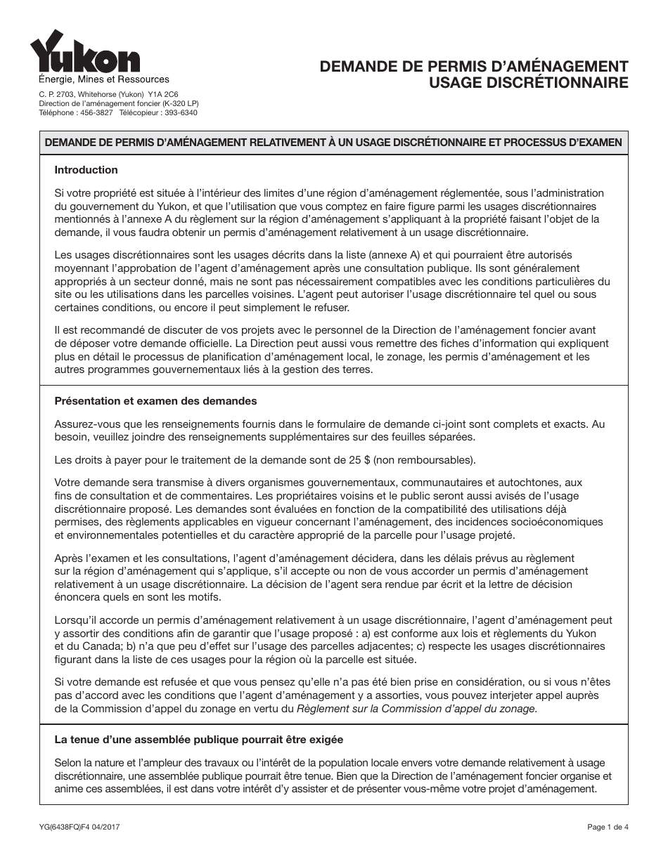 Forme YG6438 Demande De Permis Damenagement Usage Discretionnaire - Yukon, Canada (French), Page 1