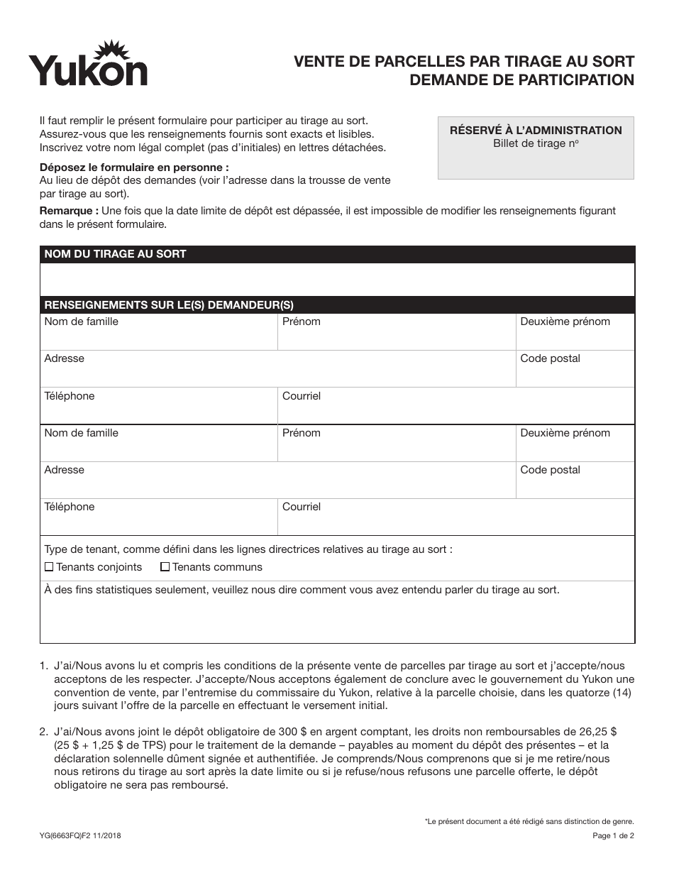 Forme YG6663 Vente De Parcelles Par Tirage Au Sort Demande De Participation - Yukon, Canada (French), Page 1