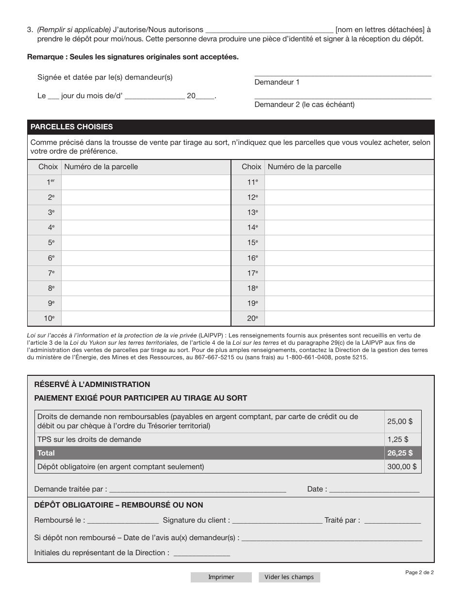 Forme YG6663 Vente De Parcelles Par Tirage Au Sort Demande De Participation - Yukon, Canada (French), Page 2