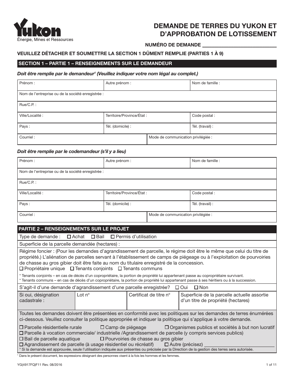 Forme YG4917 Demande De Terres Du Yukon Et Dapprobation De Lotissement - Yukon, Canada (French), Page 1