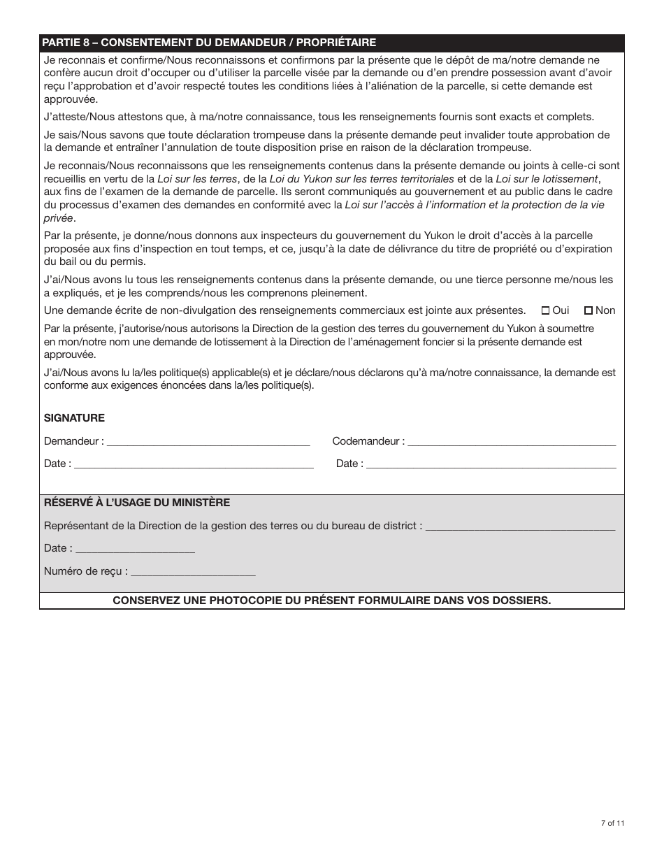 Forme YG4917 Demande De Terres Du Yukon Et Dapprobation De Lotissement - Yukon, Canada (French), Page 7