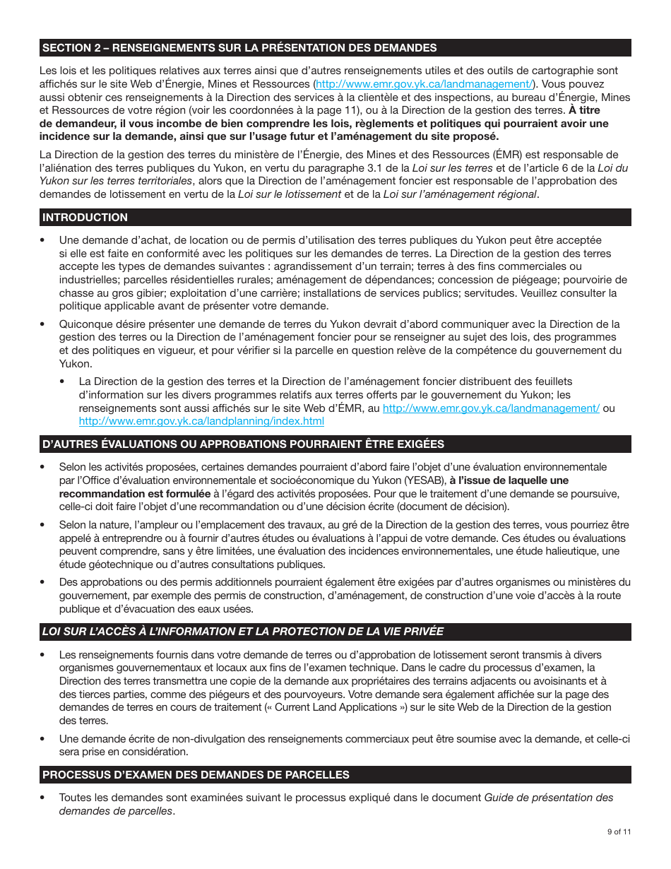 Forme YG4917 Demande De Terres Du Yukon Et Dapprobation De Lotissement - Yukon, Canada (French), Page 9