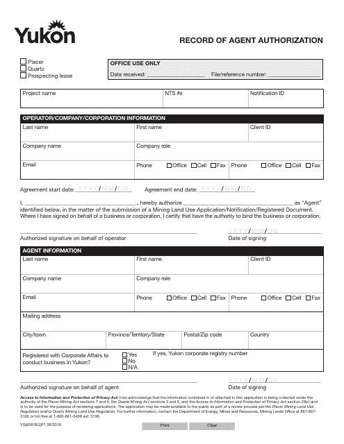 Form YG6581 Record of Agent Authorization - Yukon, Canada