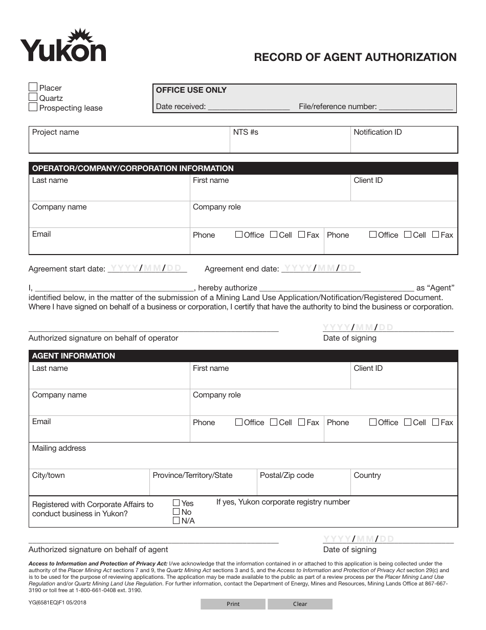 Form YG6581 Record of Agent Authorization - Yukon, Canada, Page 1