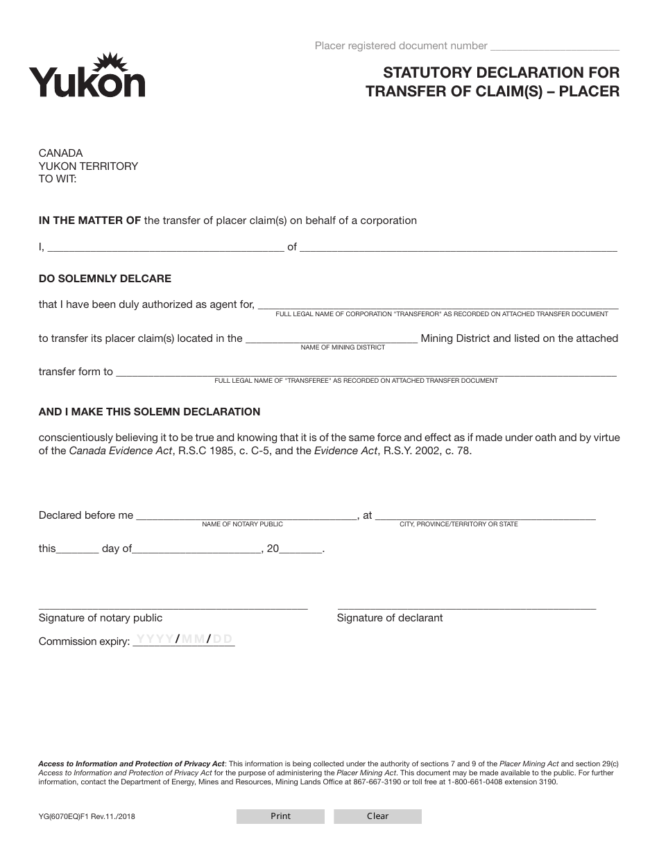 Form YG6070 Statutory Declaration for Transfer of Claim(S) - Placer - Yukon, Canada, Page 1