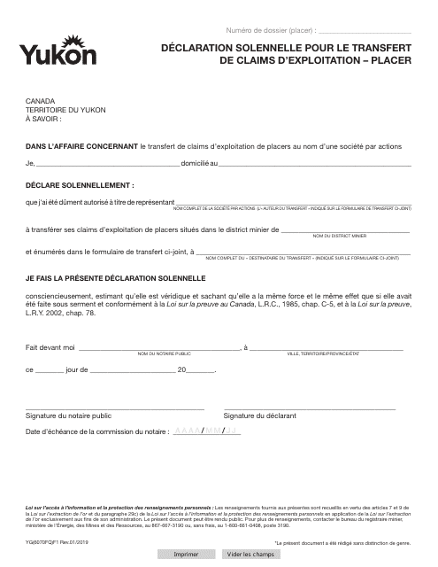 Forme YG6070 Statutory Declaration for Transfer of Claim(S) - Placer - Yukon, Canada (French)