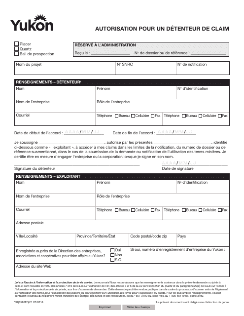 Forme YG6582 Claim Holder Authorization - Yukon, Canada (French)