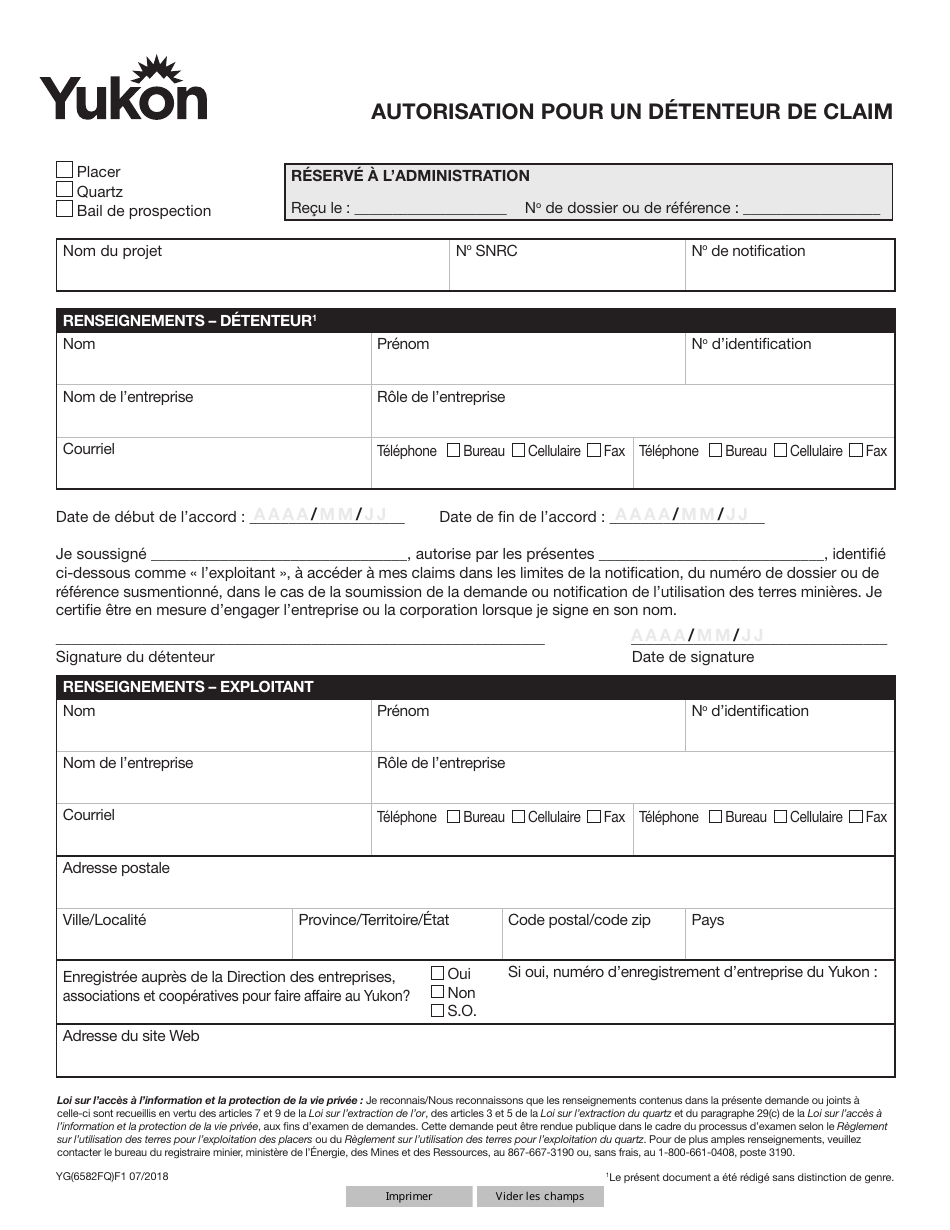 Forme YG6582 Claim Holder Authorization - Yukon, Canada (French), Page 1