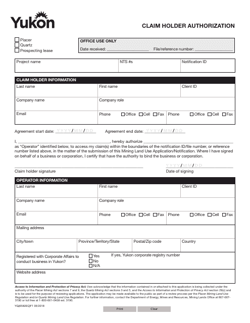 Form YG6582 Claim Holder Authorization - Yukon, Canada