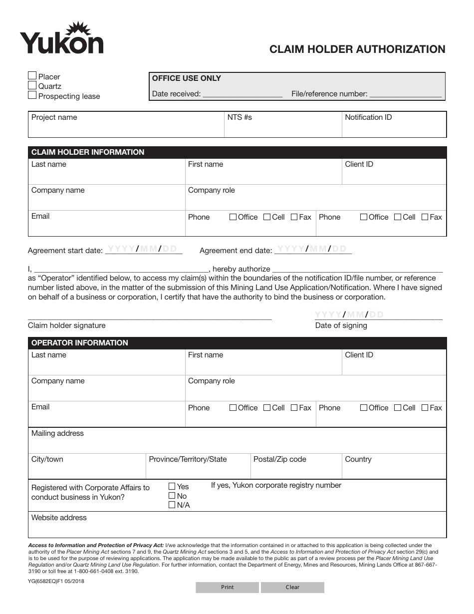 Form YG6582 Claim Holder Authorization - Yukon, Canada, Page 1
