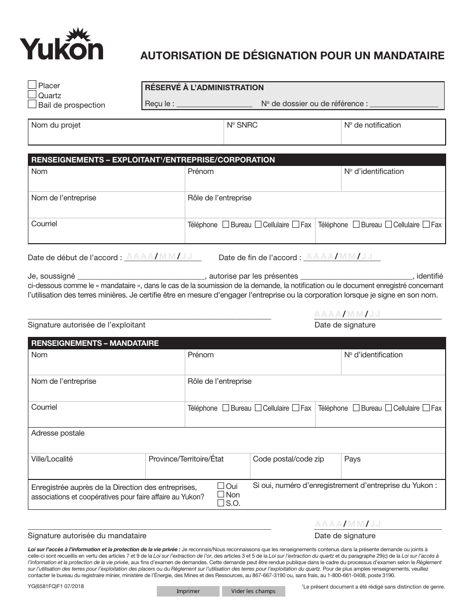 Forme YG6581 Record of Agent Authorization - Yukon, Canada (French), Page 1