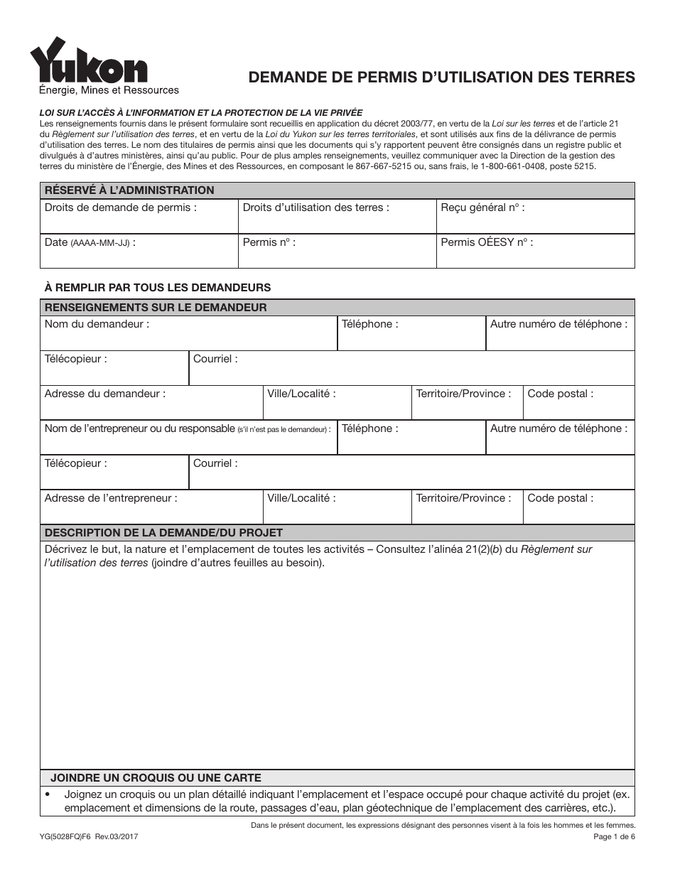 Forme YG5028 Demande De Permis Dutilisation DES Terres - Yukon, Canada (French), Page 1