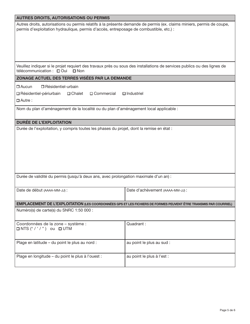 Forme YG5028 Demande De Permis Dutilisation DES Terres - Yukon, Canada (French), Page 5