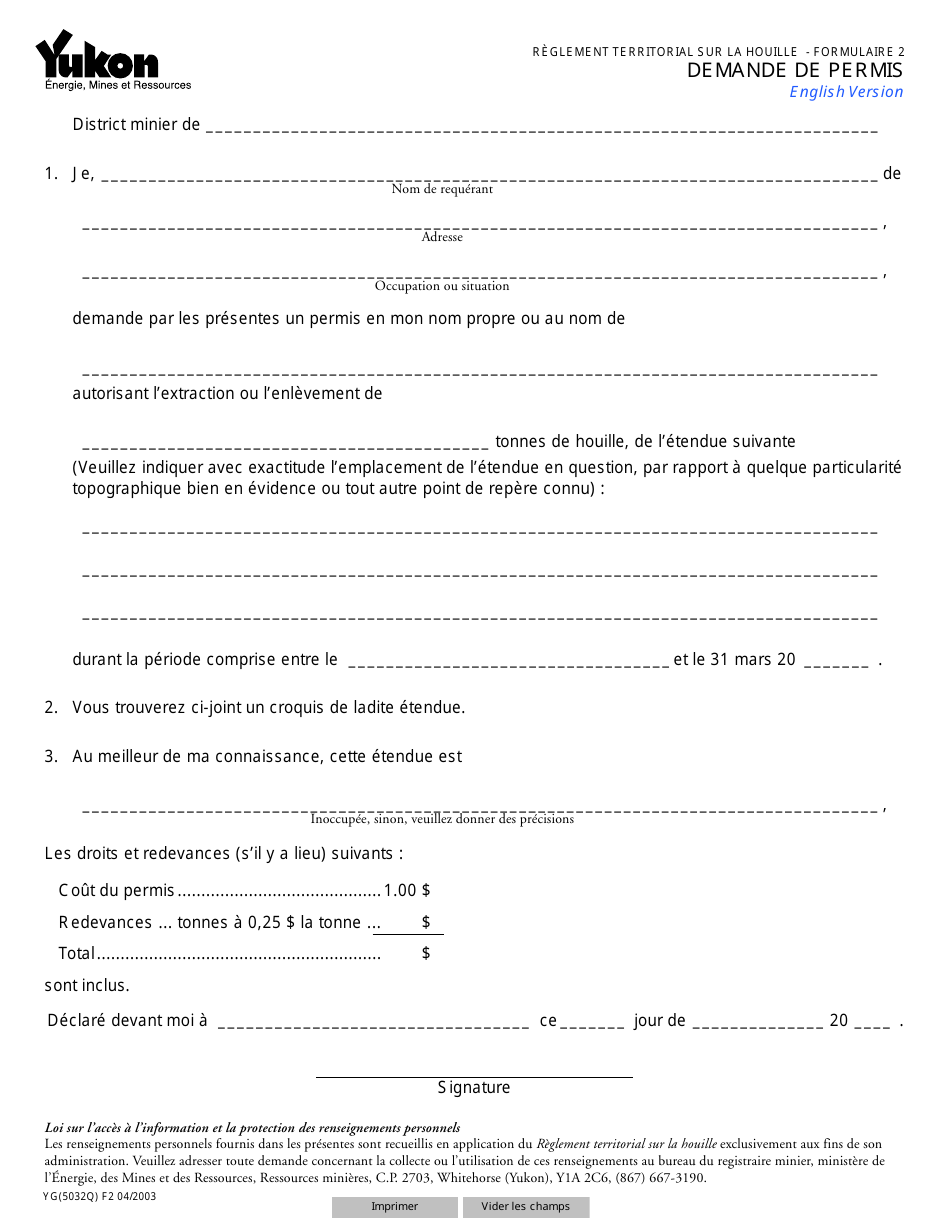 Forme 2 (YG5032) Demande De Permis - Yukon, Canada (French), Page 1