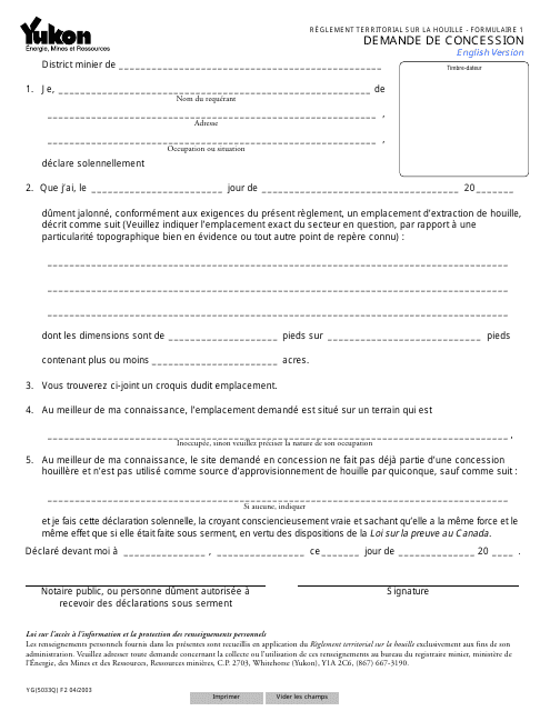 Forme 1 (YG5033) Demande De Concession - Yukon, Canada (French)