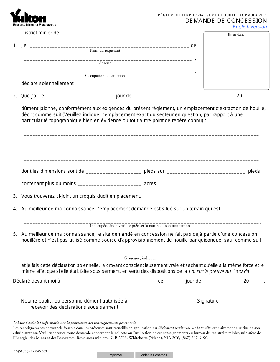 Forme 1 (YG5033) Demande De Concession - Yukon, Canada (French), Page 1